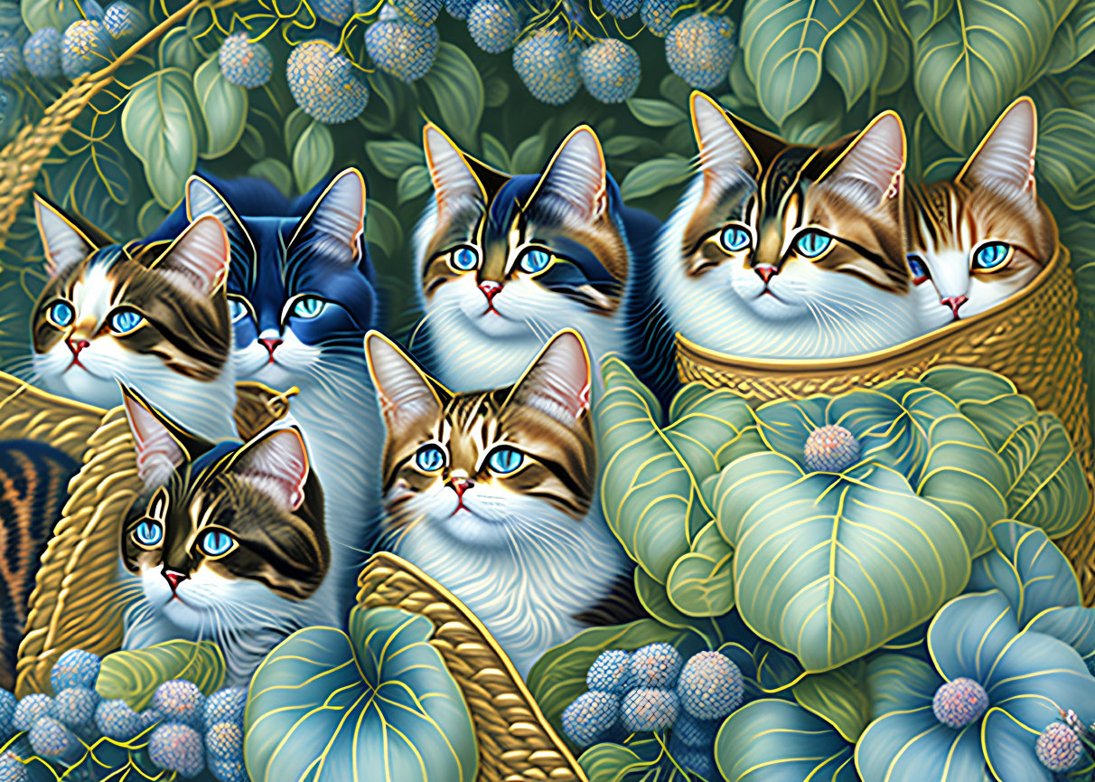 Five blue-eyed cats in lush foliage with blue berries: Surreal illustration
