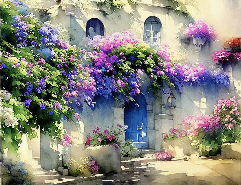 Quaint Stone House with Blooming Flowers and Blue Door
