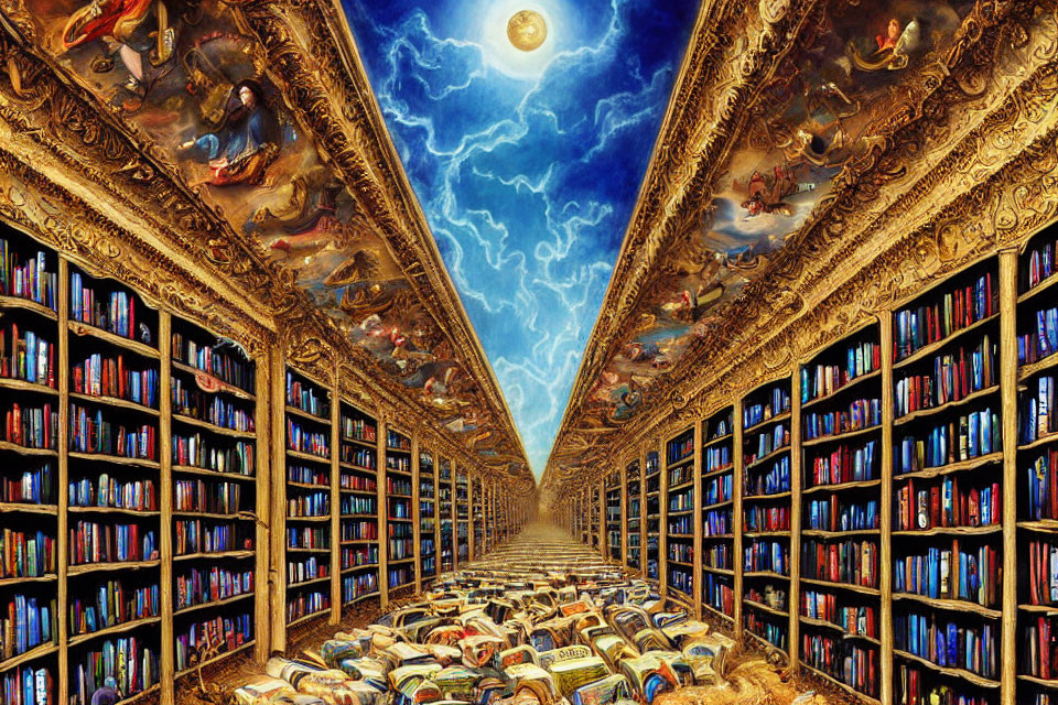 Opulent library with book-lined walls under surreal sky-like ceiling