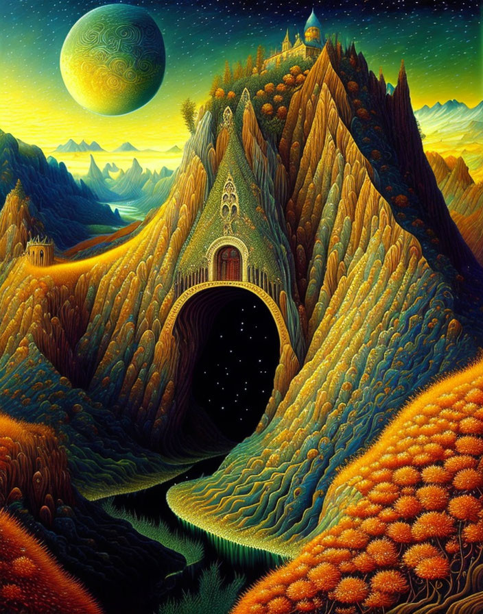 Surreal landscape with star-filled tunnel in mountain, moon, and golden foliage