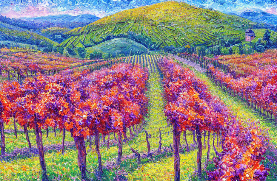 Colorful Vineyard Painting in Autumn with Grapevines, House, and Hills