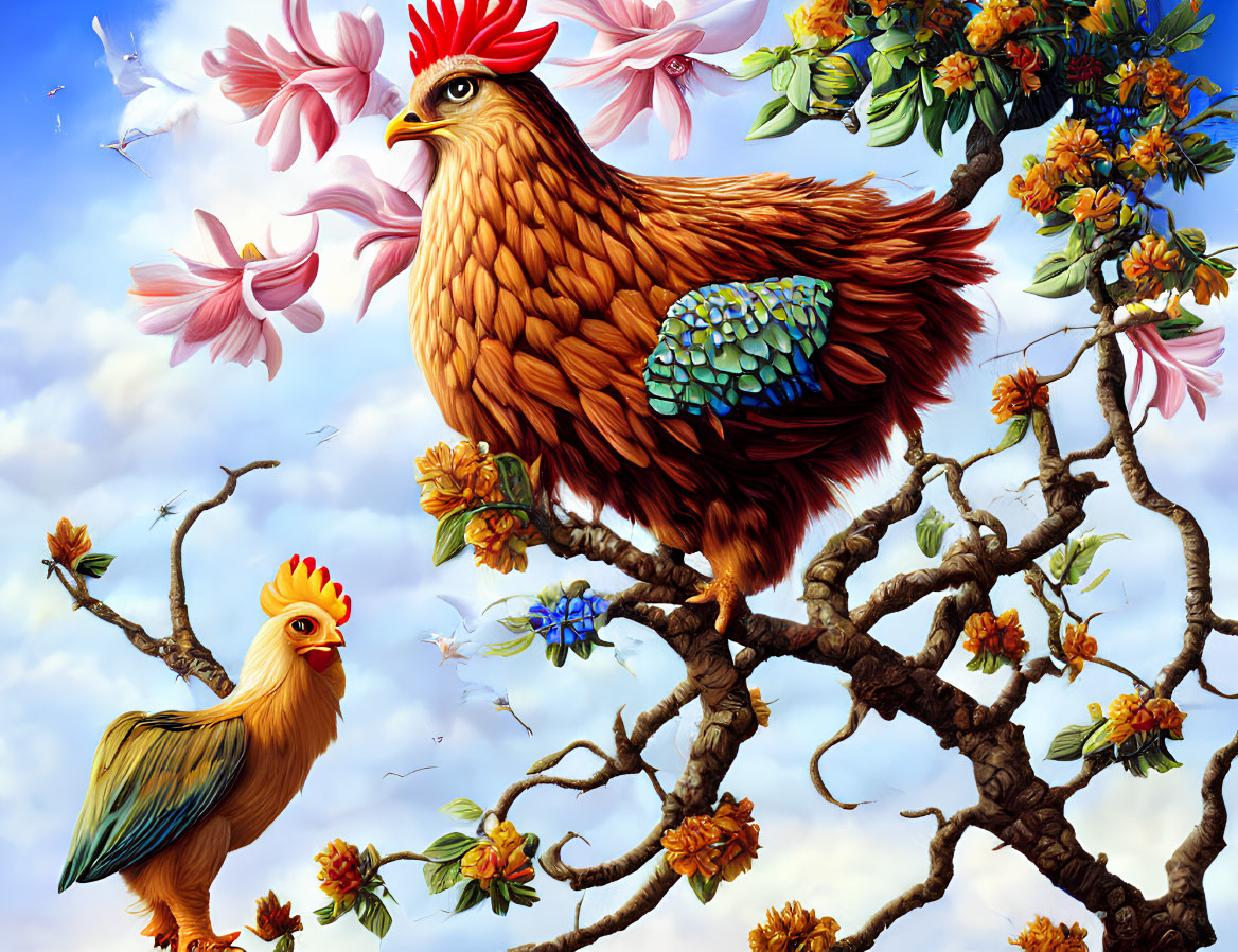 Colorful artwork of two chickens on a blooming tree branch under a blue sky