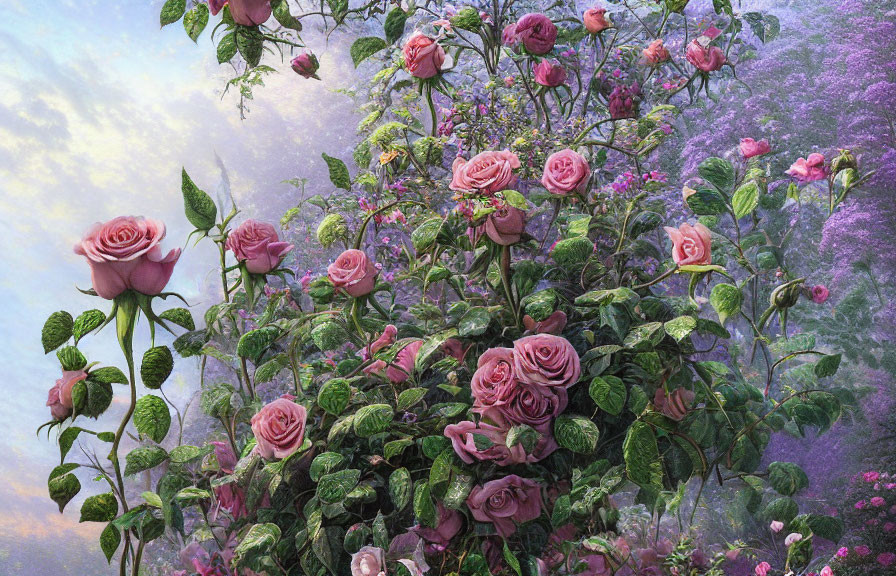 Pink Roses and Purple Flora in Lush Garden Scene