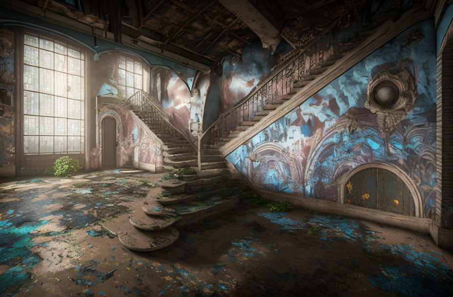 Abandoned grand room with spiral staircase and murals, large windows, foliage.