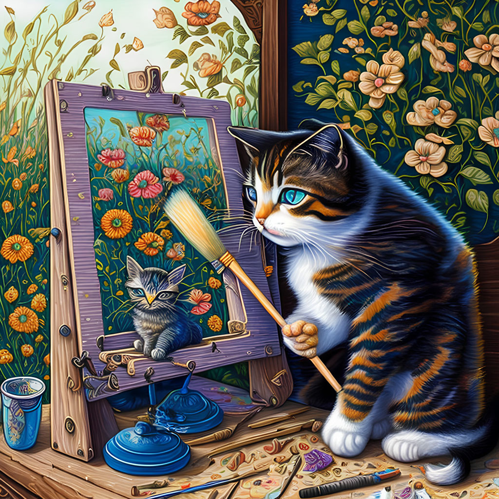 Tabby cat painting self-portrait as kitten in floral setting