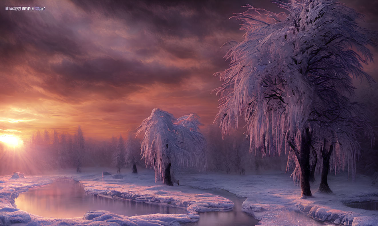 Snow-covered trees in serene winter sunset landscape.