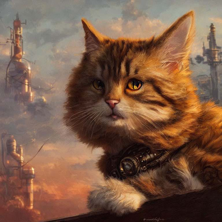 Steampunk-inspired orange tabby cat against industrial towers
