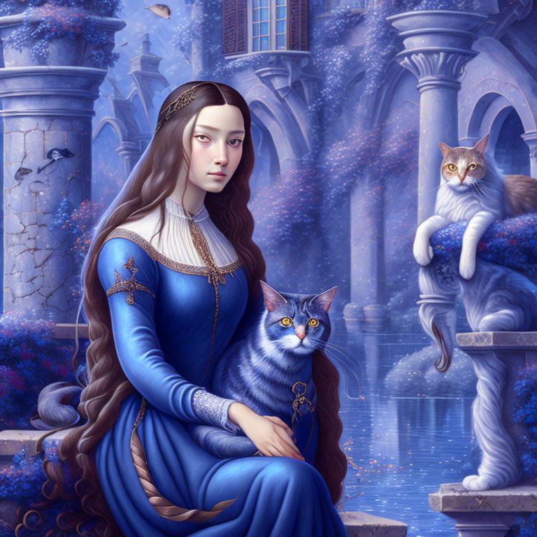 Illustrated noblewoman in blue medieval dress with cats in fantastical castle courtyard.