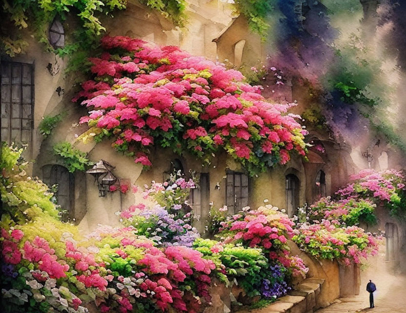 Colorful watercolor of quaint building with pink and purple flowers and lone figure