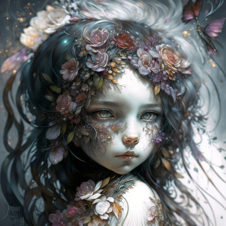 Portrait of young girl with dark hair in floral wreath, surrounded by butterflies.