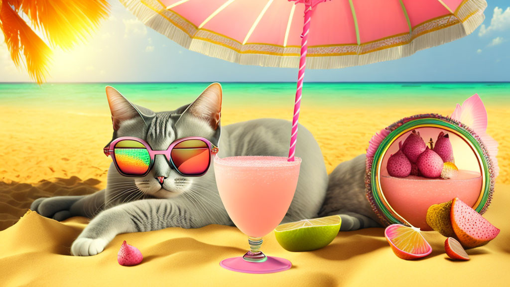 Stylized cat with sunglasses, umbrella, cocktail, and fruits on beach