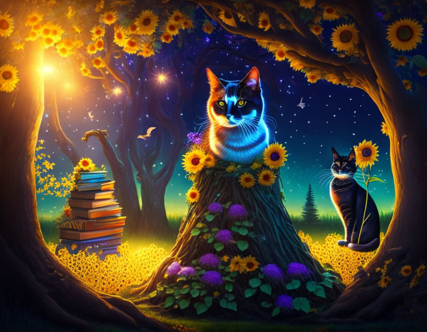 Fantasy illustration of illuminated cats in mystical forest