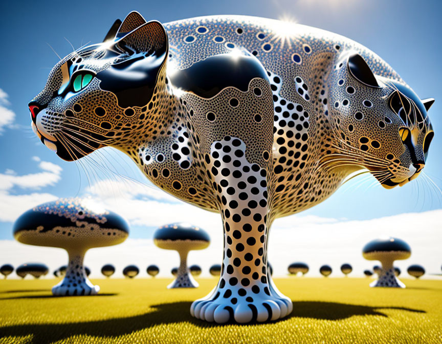 Surreal digital art: Leopard with porous body in mushroom landscape