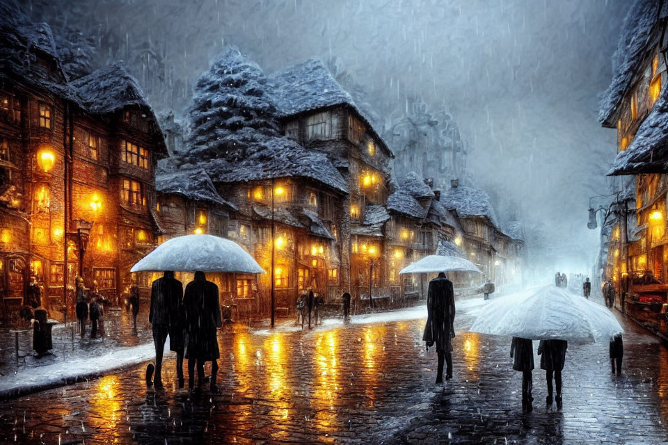 Snow-covered old-world street at night with warm golden lights and people carrying umbrellas.