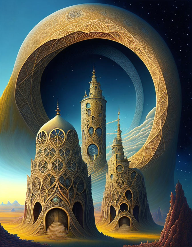 Surreal fantasy landscape with ornate towers in massive ring structure