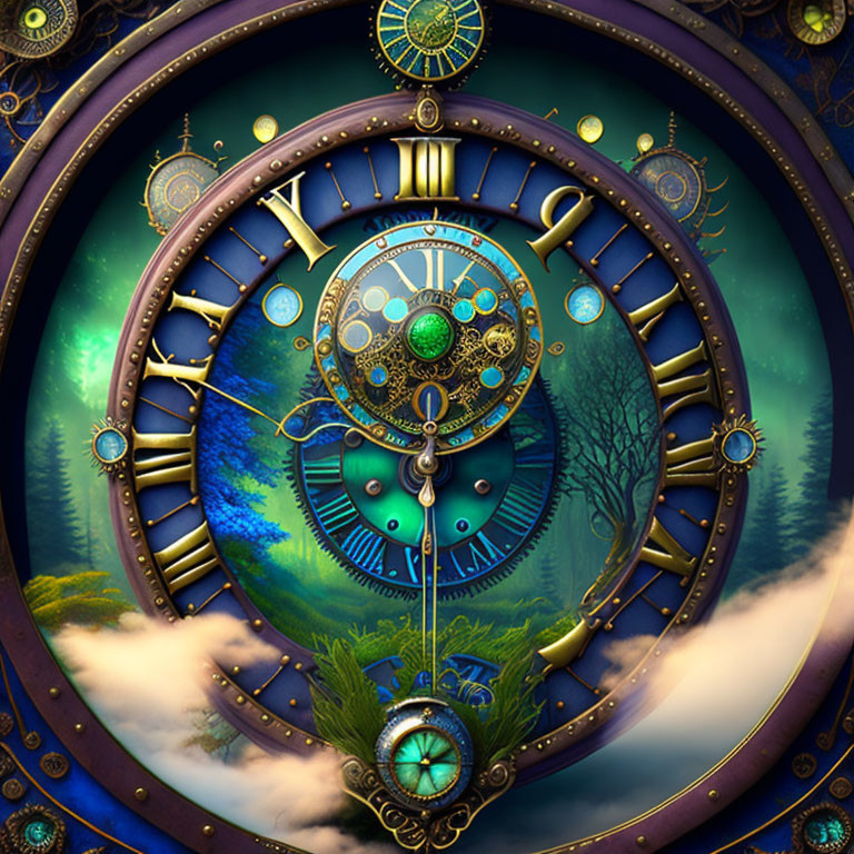 Intricate Fantasy Clock in Mystical Forest Setting