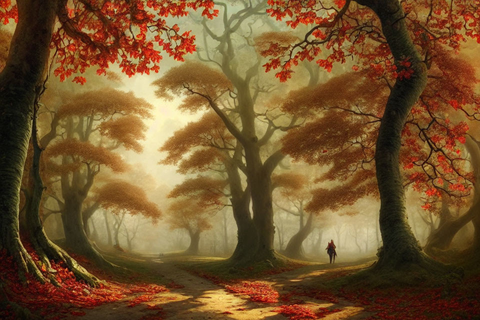 Tranquil Autumn Forest Scene with Golden Light and Figure Walking
