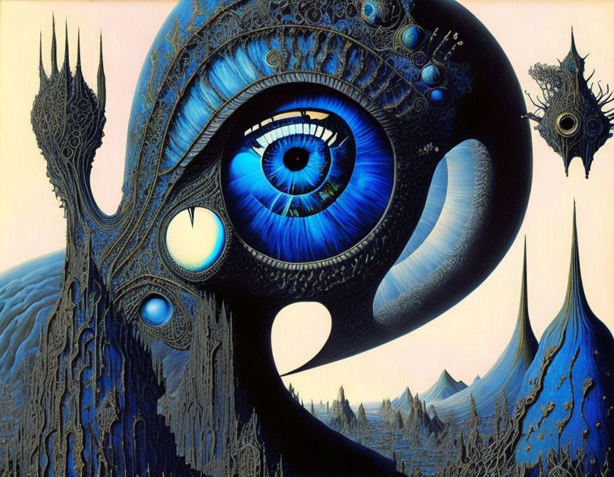 Detailed Surrealist Artwork: Blue Eye with Fantastical Landscape Shapes