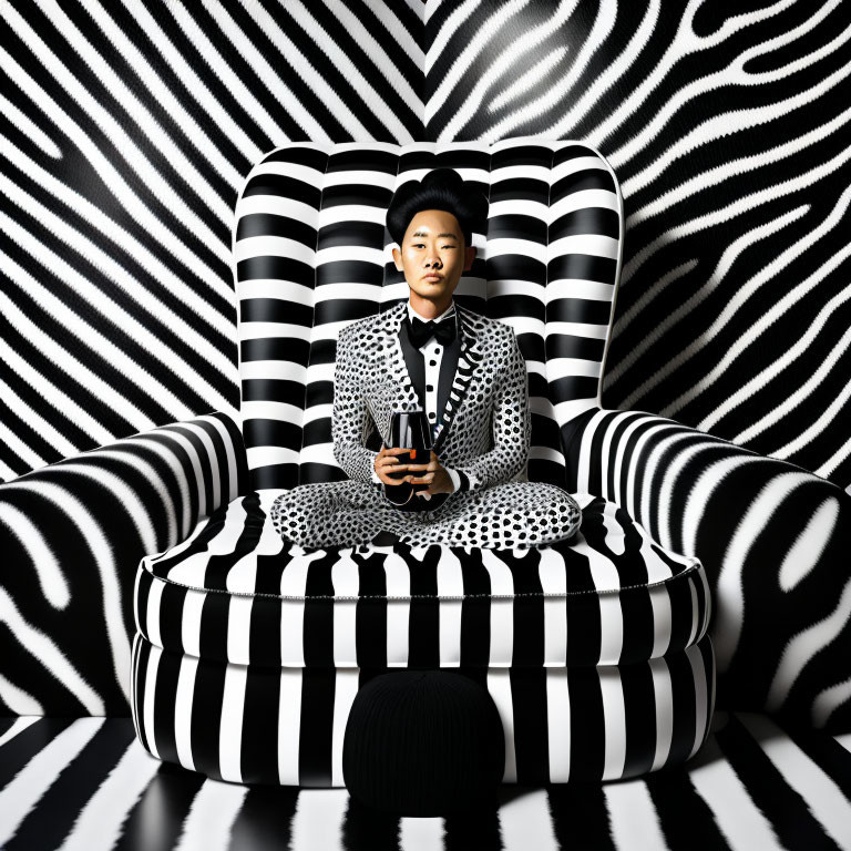 Meditative person in zebra-patterned room with matching attire