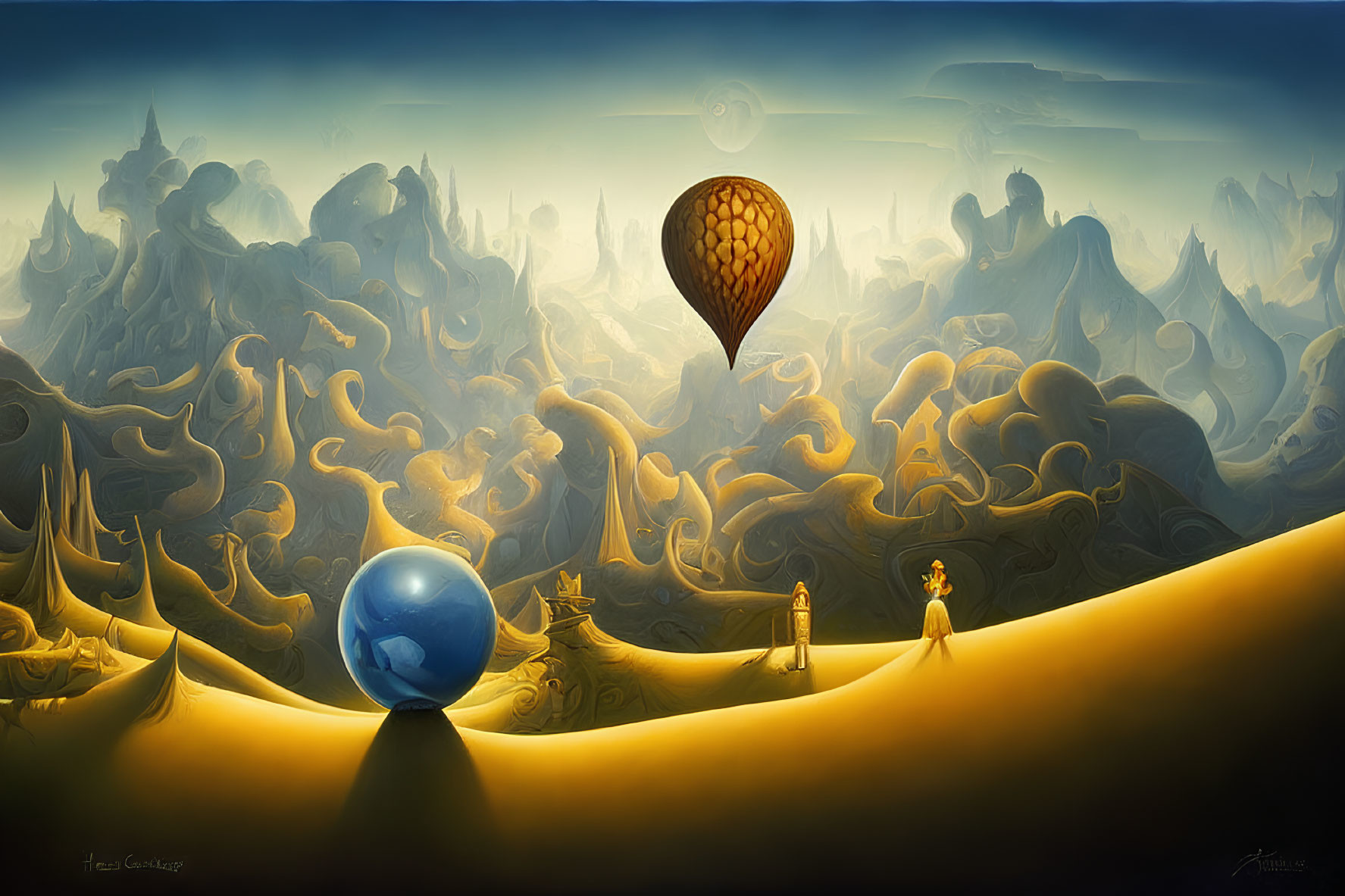 Surreal landscape with hot air balloon, glossy sphere, and figures on golden dune