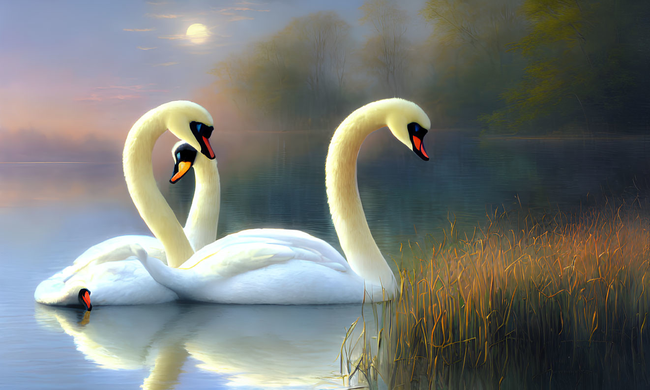 Swans creating heart shape on lake at dusk