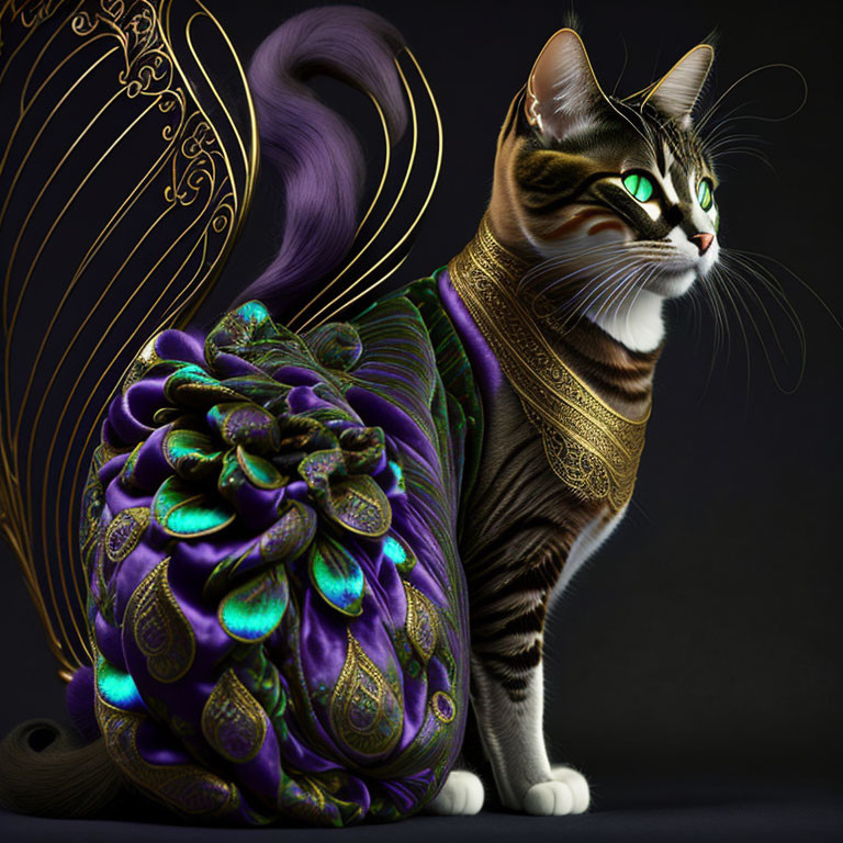 Digital artwork featuring cat with peacock tail and golden body harness on dark background