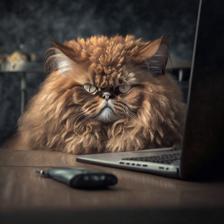 Brown cat with human-like eyes in round spectacles working on laptop