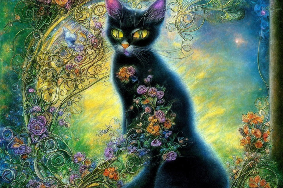 Mystical black cat with yellow eyes and roses on whimsical floral background