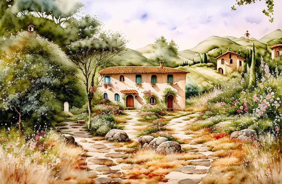 Scenic watercolor: Stone villa in green hills