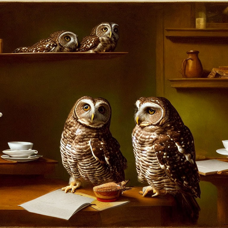 Three owls perched indoors with open books, teacups, and a teapot