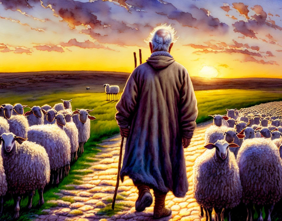 Elderly shepherd guiding flock of sheep at sunset in pastoral scene