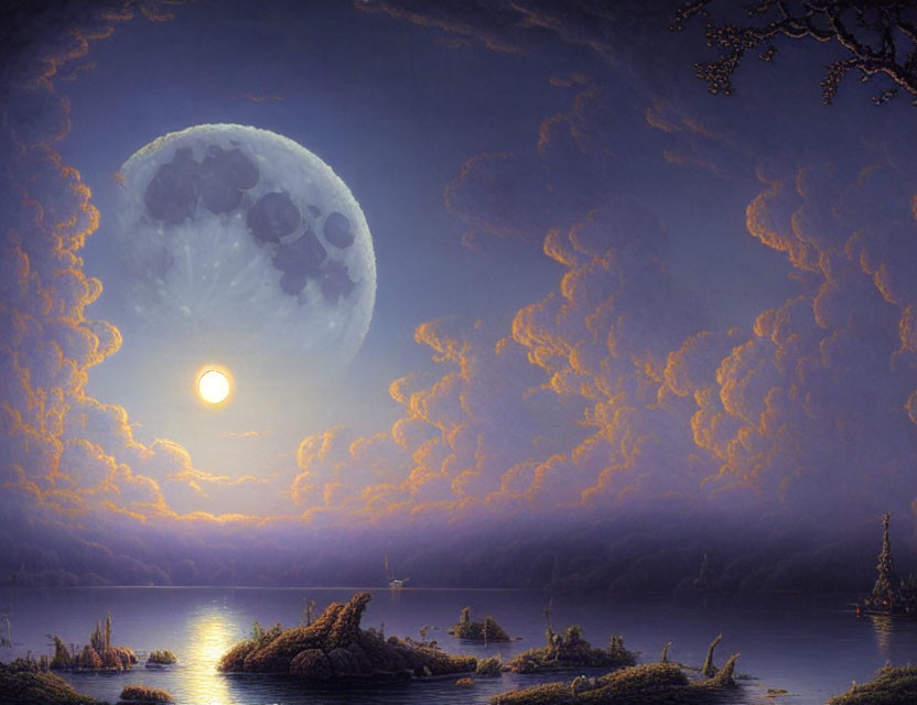 Detailed twilight sky with large moon, sunset over serene lake, islands, and purple clouds.