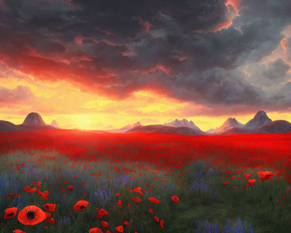 Vibrant red poppies in expansive field under fiery sunset sky