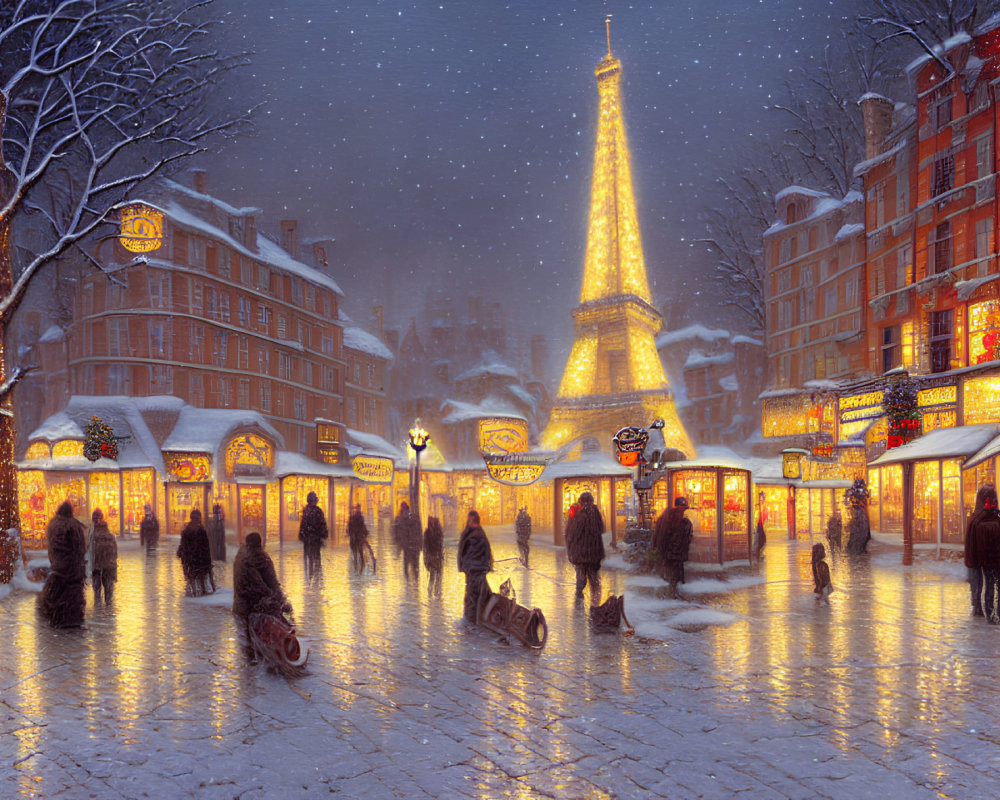 Snowfall in Paris: Eiffel Tower Sparkling in Winter Evening