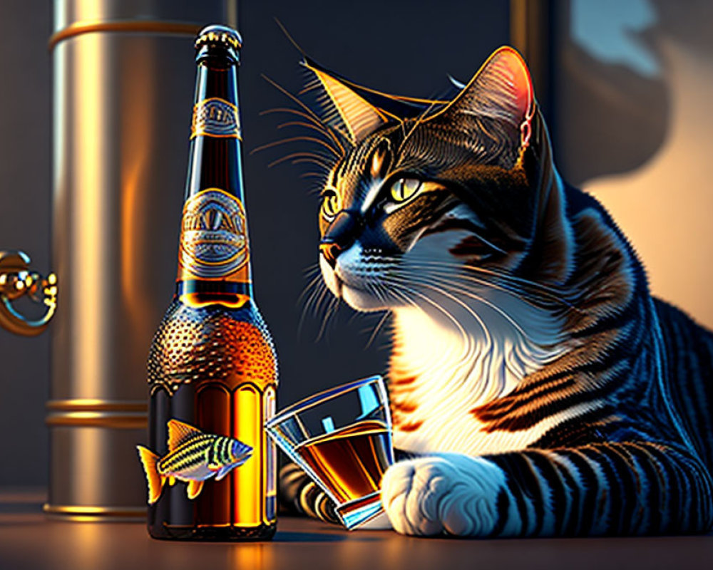Striped cat beside beer bottle and fish-shaped item on warm background