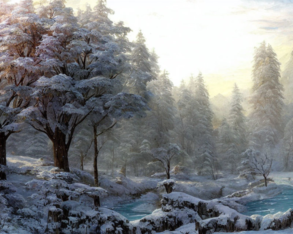 Winter landscape with snow-covered trees and frozen river