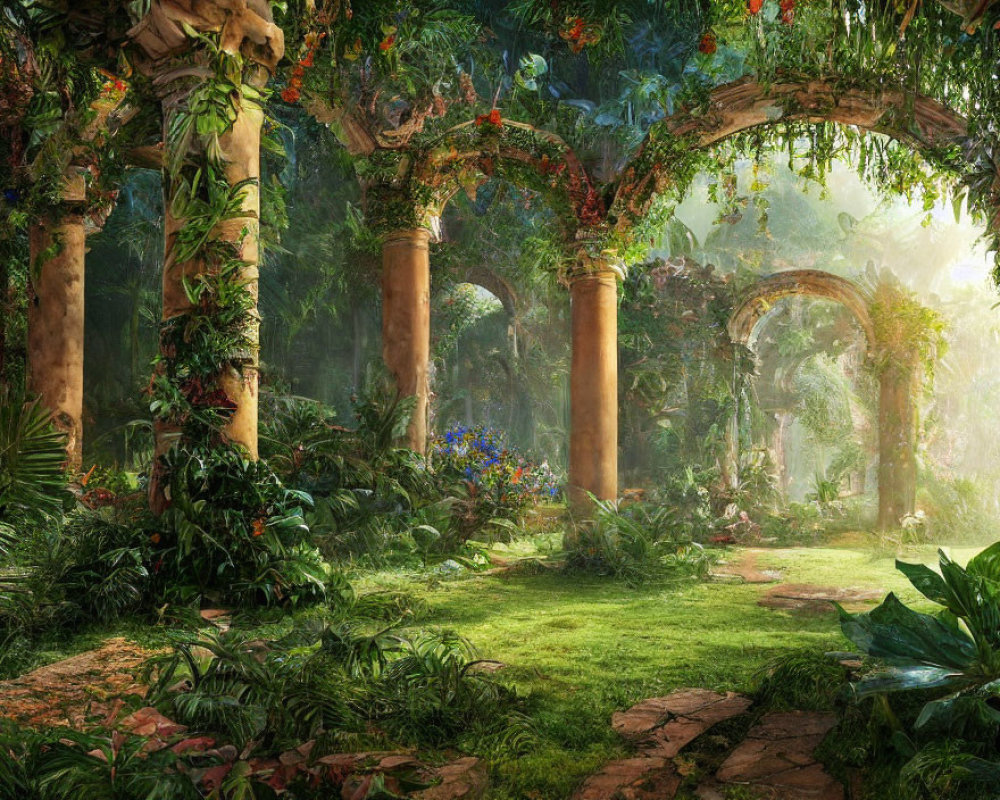 Serene garden with ancient columns, vibrant flowers, and archways