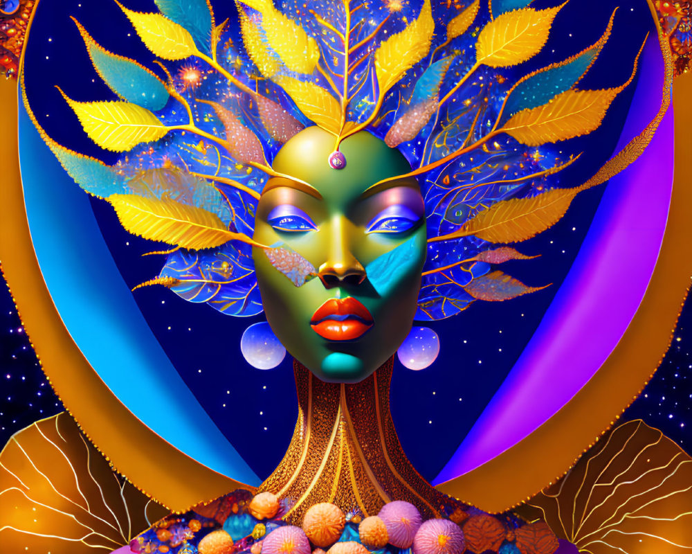 Surreal goddess-like figure with golden leaf crown in cosmic setting