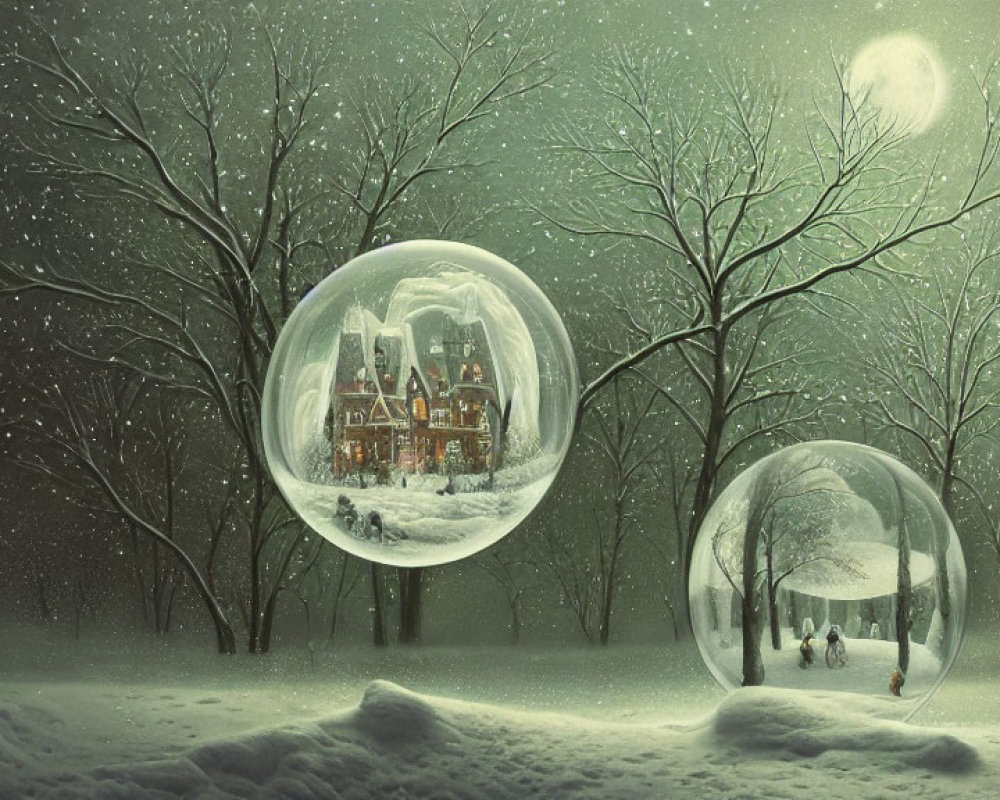 Snow globes depict cozy house and figures in serene winter landscape