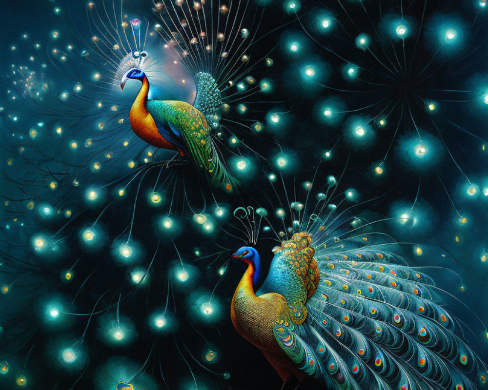 Colorful peacocks with glowing feathers on mystical dark background