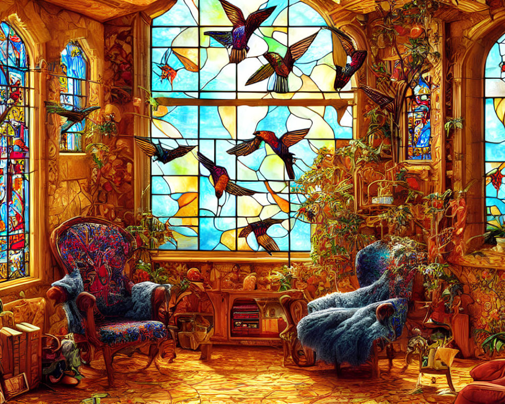 Colorful stained glass windows, plush chairs, plants, and cozy ambiance in a vibrant room
