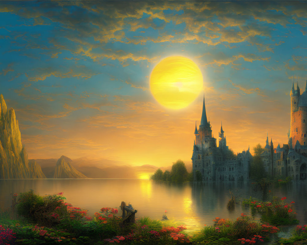 Majestic castle at sunset over tranquil lake