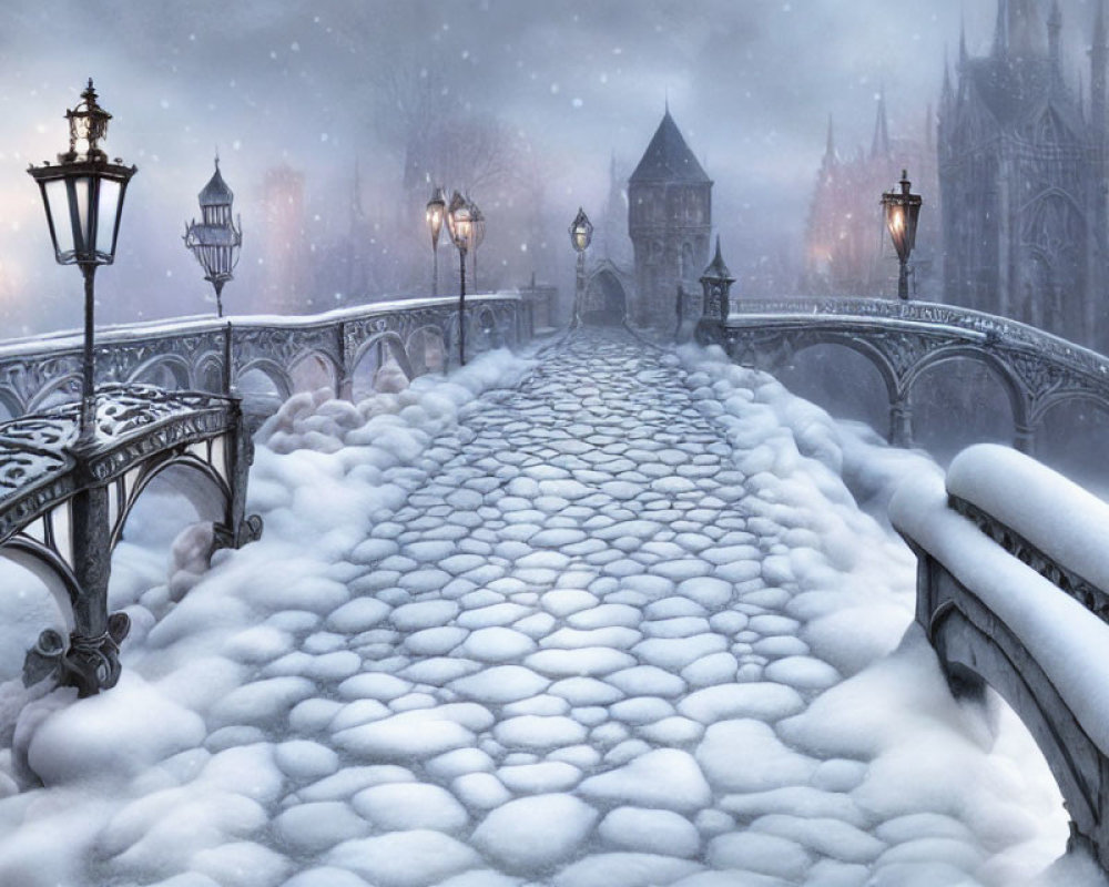 Snowy cobblestone bridge and gothic castle in foggy winter scene