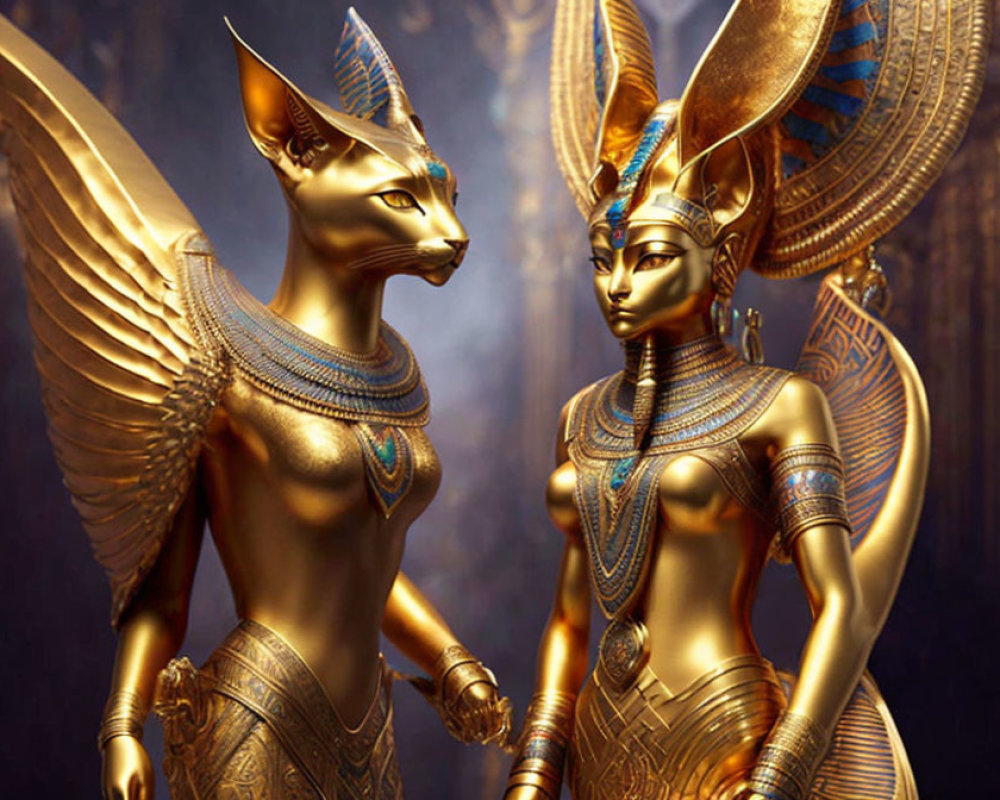 Golden Sphinx-like Creature and Egyptian Goddess Statues in Ancient Attire