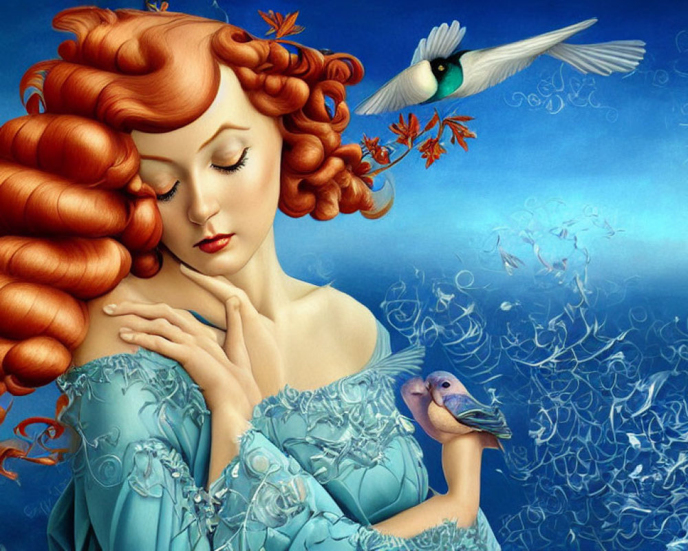 Woman with Red Hair in Blue Dress Surrounded by Birds and Fish