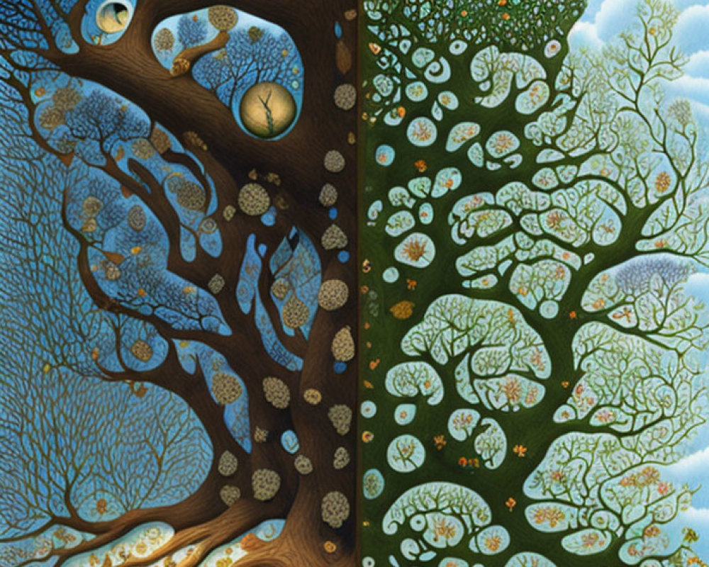 Split tree illustration: Night sky & daytime sun contrast