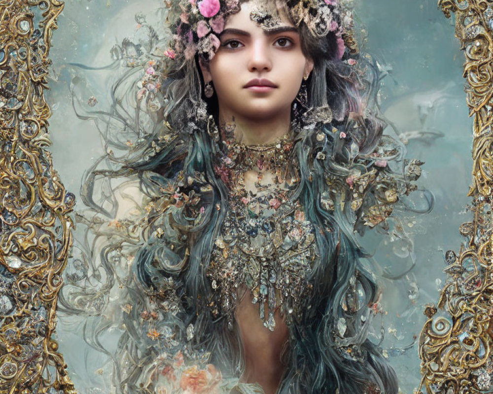 Teal-haired woman in floral crown and jewelry in golden frame