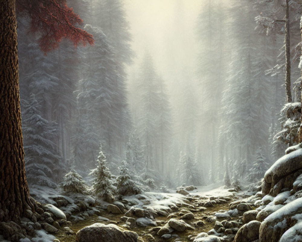 Misty snowy forest with tall trees and rocky path
