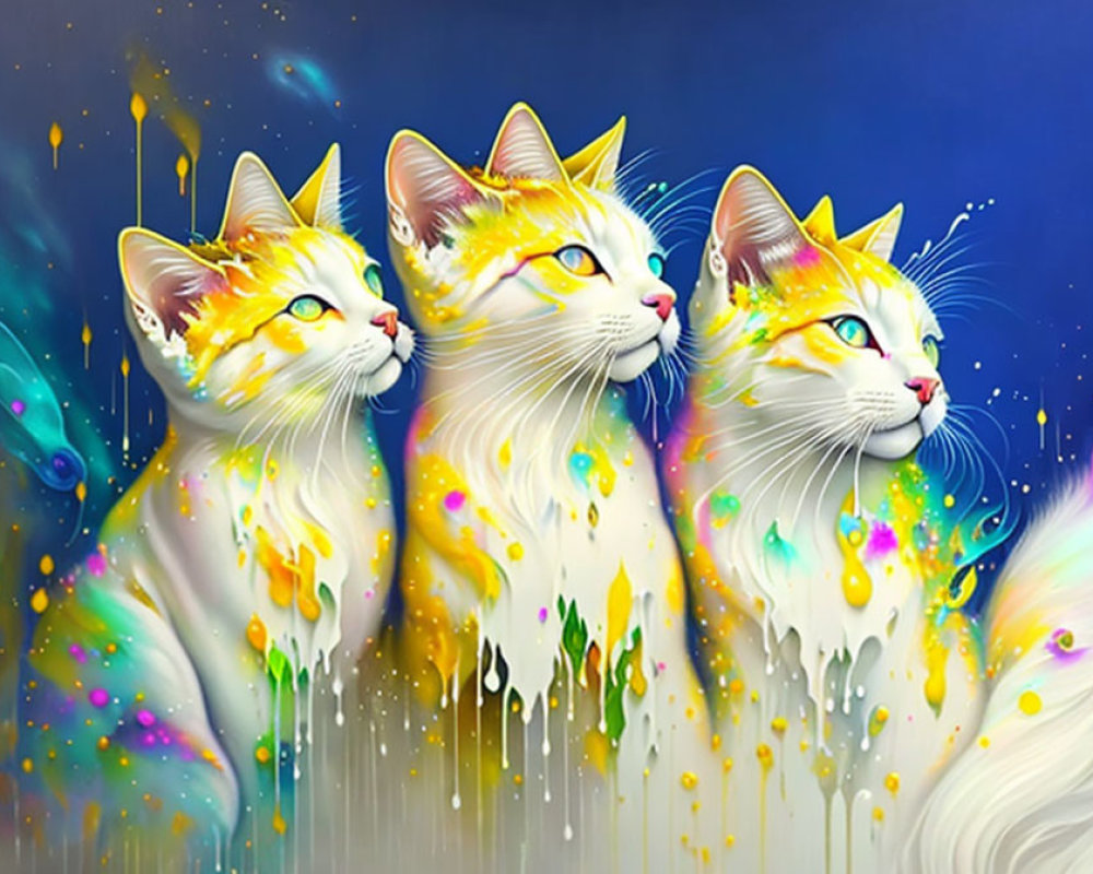 Colorful Artistic Cats with Paint Splashes on Starry Blue Background