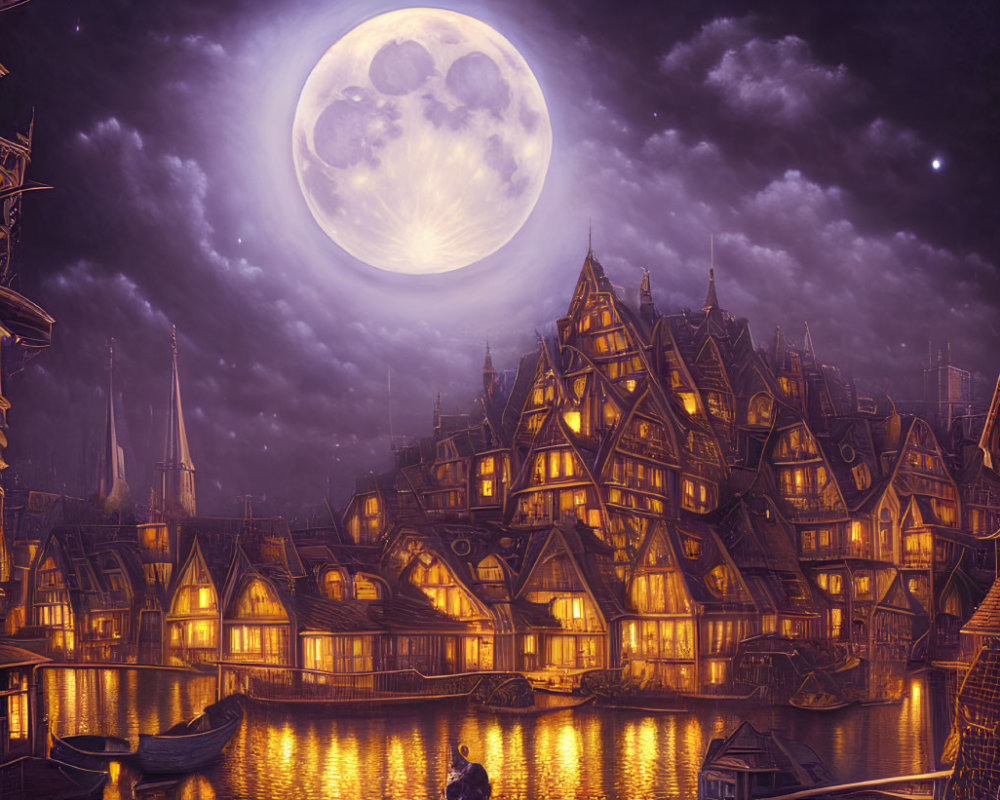 Moonlit old-fashioned town scene with paw print-like craters over calm waters